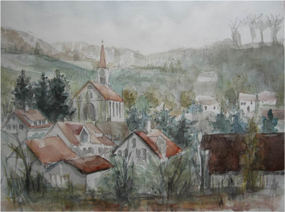 Auggen im Markgrflerland, von der WG aus gesehen - Aquarell, Jens Weule