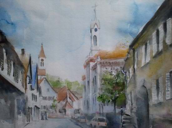 Auggen, Hauptstrasse, Rathaus, Kirche. Aquarell - Jens Weule 2014