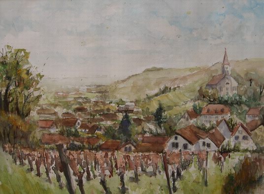 Auggen, Blick ber das Dorf von Norden zum Letten, im Oktober 2009 - Aquarell, Jens Weule