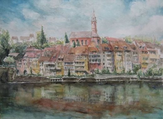 Laufenburg, Baden - Blick ber den Rhein von der Schweiz her, Aquarell - Jens Weule 2009