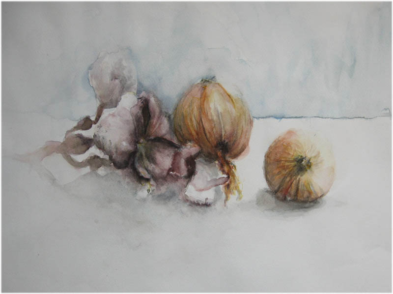 Stilleben mit Zwiebeln und Knoblauch, Aquarell - Jens Weule