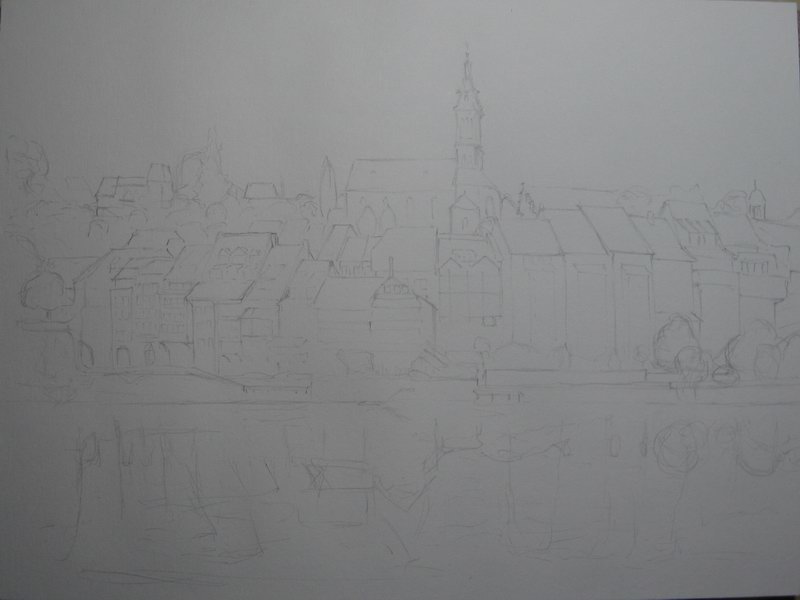 Step1 Vorzeichnung zu Laufenburg, Blick ber den Rhein