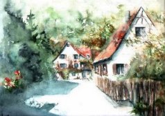 Sulzburg im Markgrflerland, Strae in Sulzburg, Aquarell - Jens Weule 1999