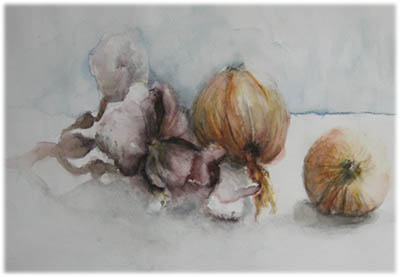 Stilleben mit Zwiebeln und Knoblauch